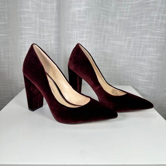 Jessica Simpson Burgundy Tanysha Velvet Block-Heel Point Toe Pumps 8 - Picture 5 of 14